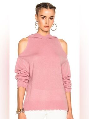 RtA Juno Cold-Shoulder Distressed Cashmere Hoodie - Size Medium designer cozy